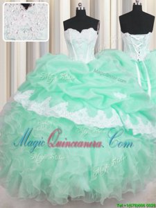 Apple Green Ball Gowns Organza Sweetheart Sleeveless Beading and Ruffles and Pick Ups Floor Length Lace Up Sweet 16 Dress