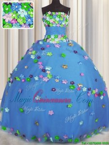 Hand Made Flower 15th Birthday Dress Blue Lace Up Sleeveless Floor Length