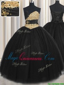 Black Tulle Lace Up Quinceanera Gown Sleeveless Floor Length Beading and Appliques and Ruching and Belt