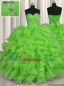 Romantic Ball Gowns Organza Sweetheart Sleeveless Beading and Ruffles Floor Length Lace Up Ball Gown Prom Dress