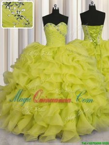 Noble Sleeveless Organza Floor Length Lace Up 15th Birthday Dress in Yellow Green for with Beading and Ruffles