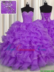 Purple Sweetheart Lace Up Beading and Ruffles Vestidos de Quinceanera Sleeveless