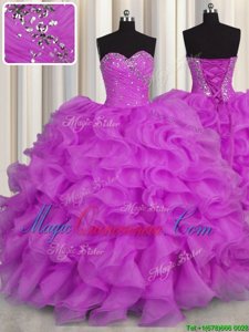 Floor Length Purple Quinceanera Dress Organza Sleeveless Beading and Ruffles