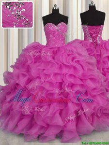 Fuchsia 15 Quinceanera Dress Military Ball and Sweet 16 and Quinceanera and For with Beading and Ruffles Sweetheart Sleeveless Lace Up