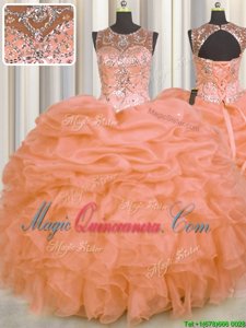 See Through Orange Sleeveless Floor Length Beading and Ruffles and Pick Ups Lace Up 15 Quinceanera Dress