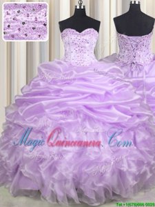 New Style Organza Sleeveless With Train Vestidos de Quinceanera Brush Train and Beading and Ruffles and Pick Ups