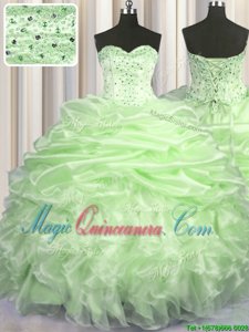 Yellow Green Lace Up Sweetheart Beading and Ruffles and Pick Ups Sweet 16 Quinceanera Dress Organza Sleeveless Brush Train