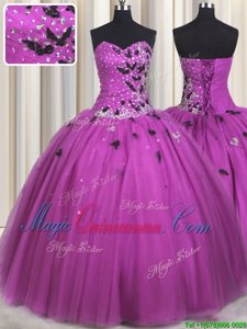 Fuchsia Tulle Lace Up Quinceanera Gowns Sleeveless Floor Length Beading and Appliques