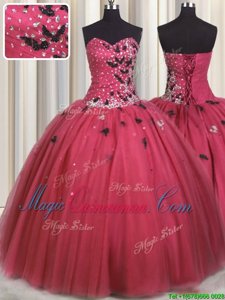 Shining Coral Red Ball Gowns Sweetheart Sleeveless Tulle Floor Length Lace Up Beading and Appliques Quinceanera Gown