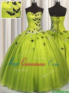 Exceptional Yellow Green Sweet 16 Dresses Military Ball and Sweet 16 and Quinceanera and For with Beading and Appliques Sweetheart Sleeveless Lace Up