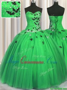 Fine Beading and Appliques Sweet 16 Quinceanera Dress Green Lace Up Sleeveless Floor Length