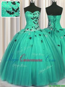 Tulle Sleeveless Floor Length Sweet 16 Quinceanera Dress and Beading and Appliques