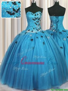 Baby Blue Lace Up Sweetheart Beading and Appliques Quinceanera Gowns Tulle Sleeveless