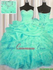 Decent Sleeveless Organza Floor Length Lace Up Quinceanera Gowns in Turquoise for with Beading and Ruffles and Ruching and Pick Ups