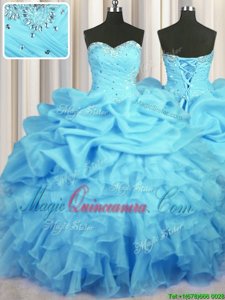 New Style Floor Length Baby Blue Quinceanera Dresses Organza Sleeveless Beading and Ruffles and Ruching and Pick Ups