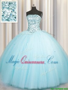 Really Puffy Aqua Blue Ball Gowns Strapless Sleeveless Tulle Floor Length Lace Up Beading and Sequins Ball Gown Prom Dress