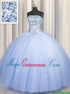 Eye-catching Big Puffy Blue Ball Gowns Beading and Sequins Quinceanera Dresses Lace Up Tulle Sleeveless Floor Length