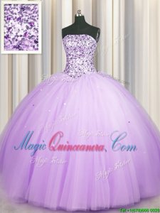 Fine Sequins Really Puffy Ball Gowns Quinceanera Gowns Lavender Strapless Tulle Sleeveless Floor Length Lace Up