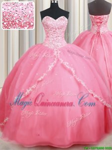 Fashionable Brush Train Ball Gowns 15 Quinceanera Dress Baby Pink Sweetheart Organza Sleeveless With Train Lace Up