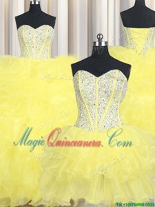 Free and Easy Three Piece Beading and Ruffles Vestidos de Quinceanera Yellow Lace Up Sleeveless Floor Length