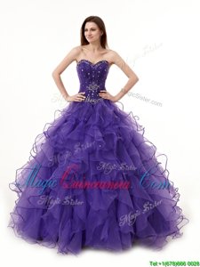 Sweetheart Sleeveless Sweet 16 Dresses Floor Length Beading and Ruffles Purple Organza