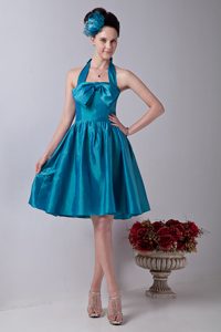 Teal Halter A-line Taffeta Dama Quinceanera Dresses with Bowknot