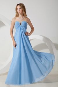 Ruched and Beaded Light Blue Chiffon Dama Dress for Quinceaneras