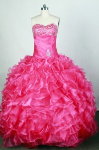 Lovely Sweetheart Ruched Beading Hot Pink Ruffled Dress For a Quince