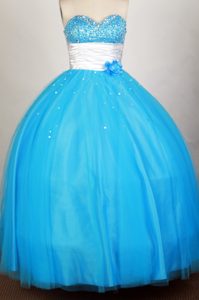 Sweetheart Hand Made Flowers Beading Blue Organza Sweet 16 Dress