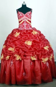 Hand Made Flowers Beading Straps Red Pick Ups Quinceanera Dress