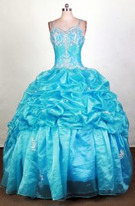 Straps Appliques Pick Ups Beading Aqua Blue Dress For Quinceanera