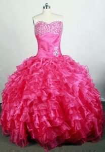 Ruched Sweetheart Beading Ruffled Hot Pink Quinceanera Dress on Sale