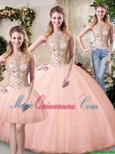 Scoop Peach Ball Gowns Beading Quinceanera Dresses Lace Up Tulle Sleeveless Floor Length
