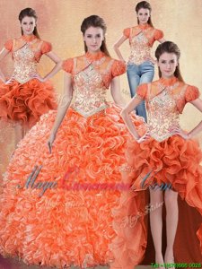 Four Piece Straps Straps Sleeveless With Train Beading and Ruffles Lace Up Ball Gown Prom Dress with Orange Red Brush Train