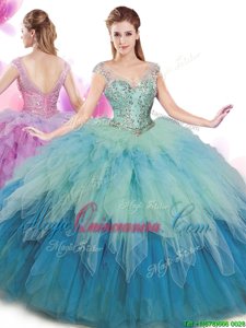 Pretty Beading and Ruffles Quinceanera Gown Multi-color Lace Up Cap Sleeves Floor Length