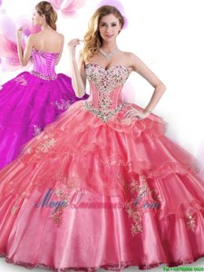 High Quality Coral Red Ball Gowns Beading and Appliques 15 Quinceanera Dress Lace Up Organza Sleeveless Floor Length