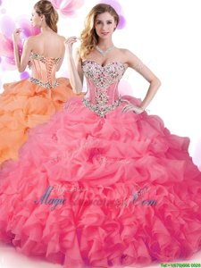 Edgy Hot Pink Sleeveless Floor Length Beading and Ruffles and Pick Ups Lace Up Sweet 16 Dresses