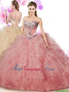 Peach Tulle Lace Up Quinceanera Gown Sleeveless Floor Length Beading and Ruffles