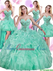 Modern Four Piece Organza Sleeveless Floor Length Quince Ball Gowns and Beading and Ruffles