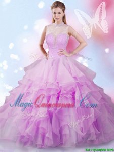 Fashionable Lilac Ball Gowns High-neck Sleeveless Tulle Floor Length Lace Up Beading and Ruffles Vestidos de Quinceanera