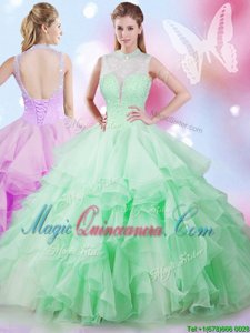 Graceful Sleeveless Tulle Floor Length Lace Up Vestidos de Quinceanera in Apple Green for with Beading and Ruffles