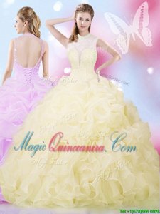 Light Yellow High-neck Lace Up Beading and Ruffles and Pick Ups Quinceanera Gowns Sleeveless