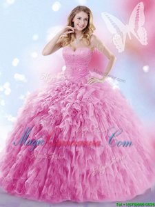 Rose Pink Ball Gowns Tulle Sweetheart Sleeveless Beading and Ruffles Lace Up 15 Quinceanera Dress Brush Train