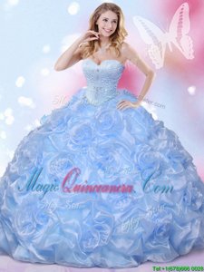 Deluxe Floor Length Blue Quinceanera Gowns Fabric With Rolling Flowers Sleeveless Beading and Pick Ups