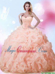 Stylish Peach Sleeveless Brush Train Beading and Ruffles and Pick Ups With Train Vestidos de Quinceanera