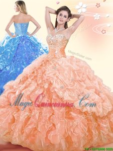 Sexy Orange Sleeveless Beading and Ruffles and Pick Ups Floor Length 15th Birthday Dress