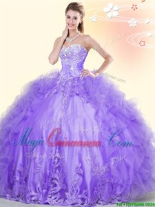 Lavender Ball Gowns Tulle Sweetheart Sleeveless Beading and Appliques and Ruffles Floor Length Lace Up Sweet 16 Dress