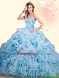 Delicate Pick Ups With Train Ball Gowns Sleeveless Baby Blue Quinceanera Gowns Brush Train Lace Up