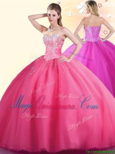 Hot Pink Ball Gowns Tulle Sweetheart Sleeveless Beading Floor Length Lace Up Vestidos de Quinceanera