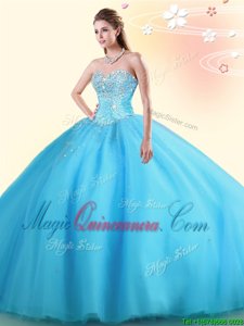 Baby Blue Ball Gowns Sweetheart Sleeveless Tulle Floor Length Lace Up Beading Ball Gown Prom Dress